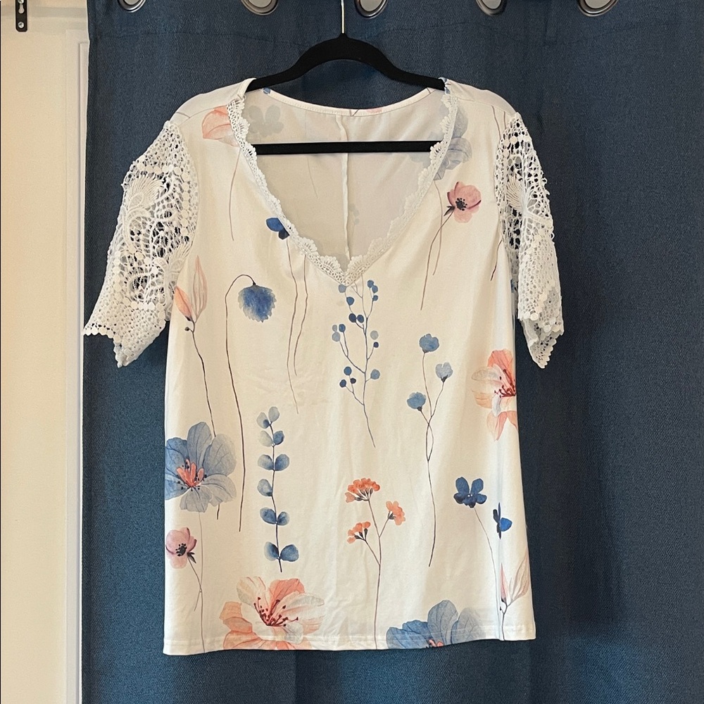 SHEIN Floral Crochet Sleeve Blouse - White and Blue